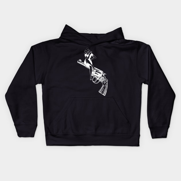 Smoking Gun Gal Kids Hoodie by lavdog